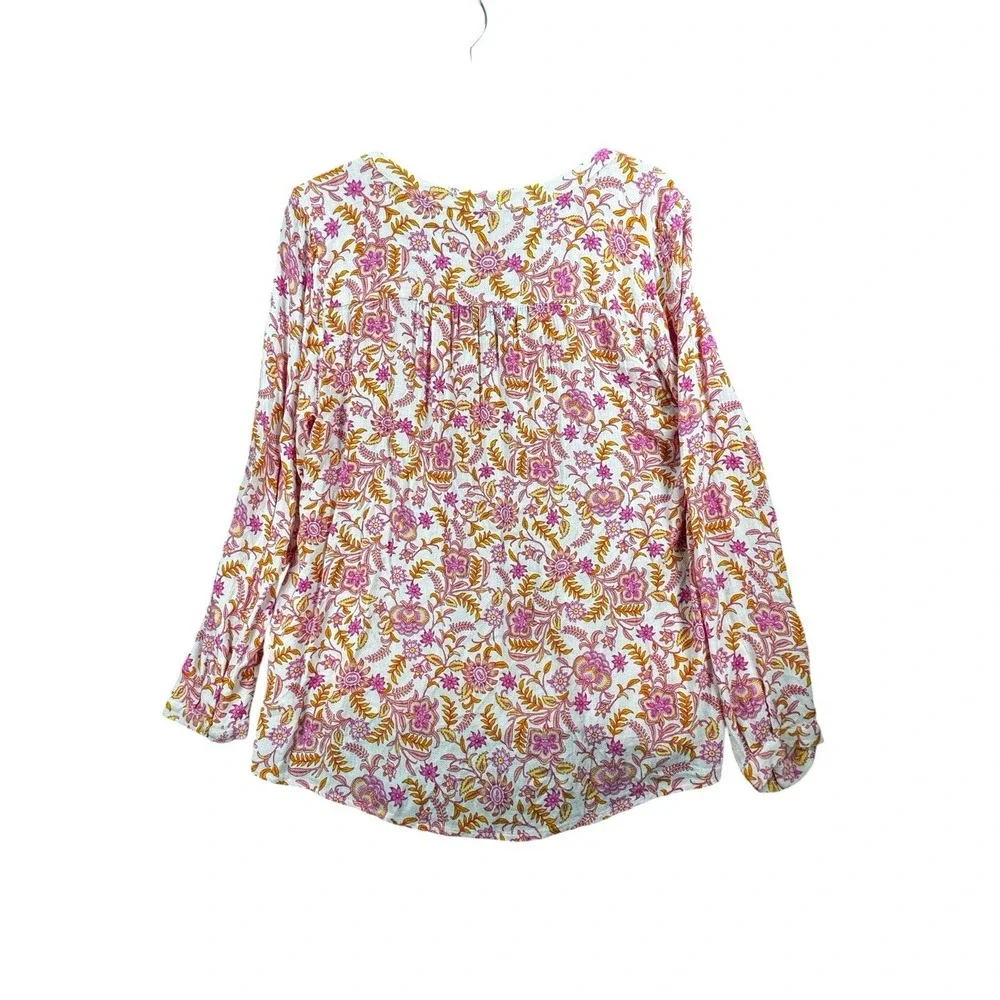 Lucky Brand Floral Boho Blouse Large Pink Orange Smocked Peasant Top LS - Picture 3 of 12